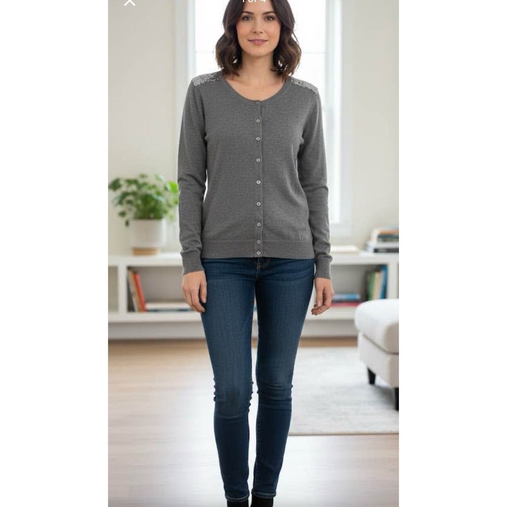 Merona Gray Sequin Button‎ Front Cardigan Sweater Crew Neck Long Sleeve S